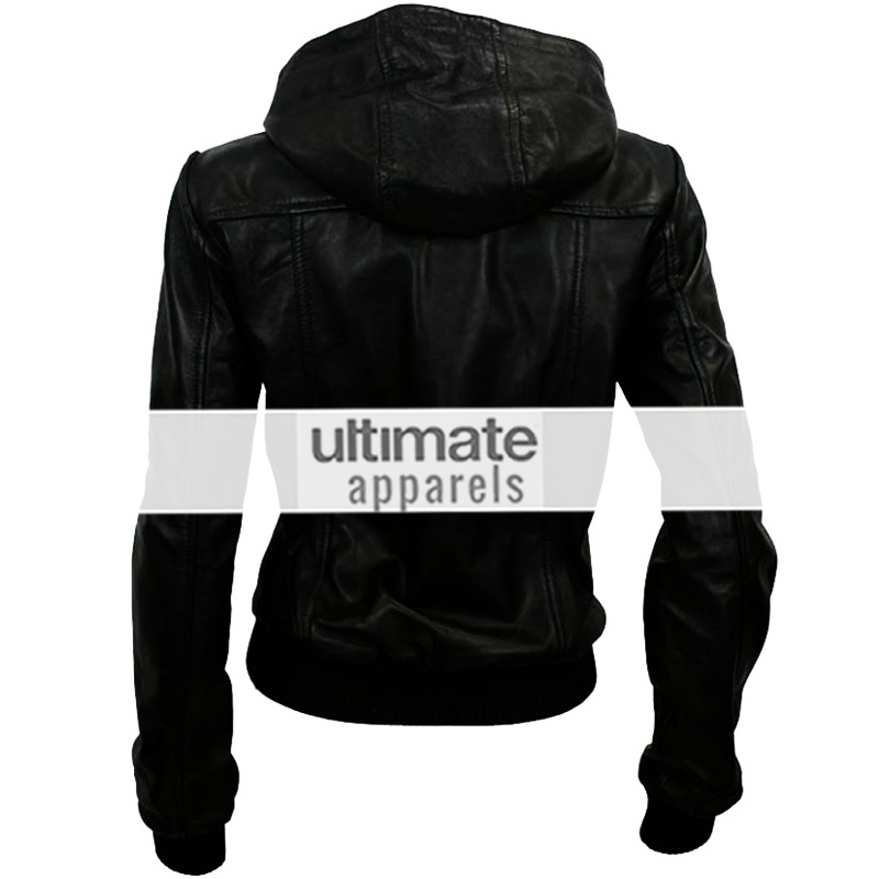 Women Hooded Black Leather Bomber Jacket