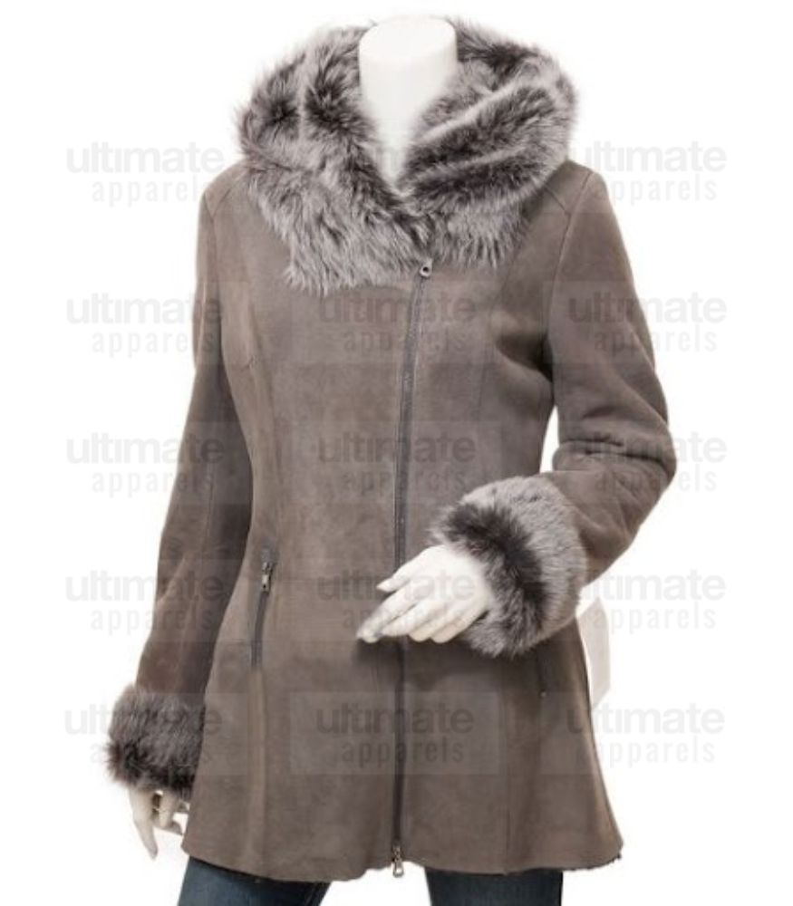 Women's Fashion Grey Shearling suede Leather Coat