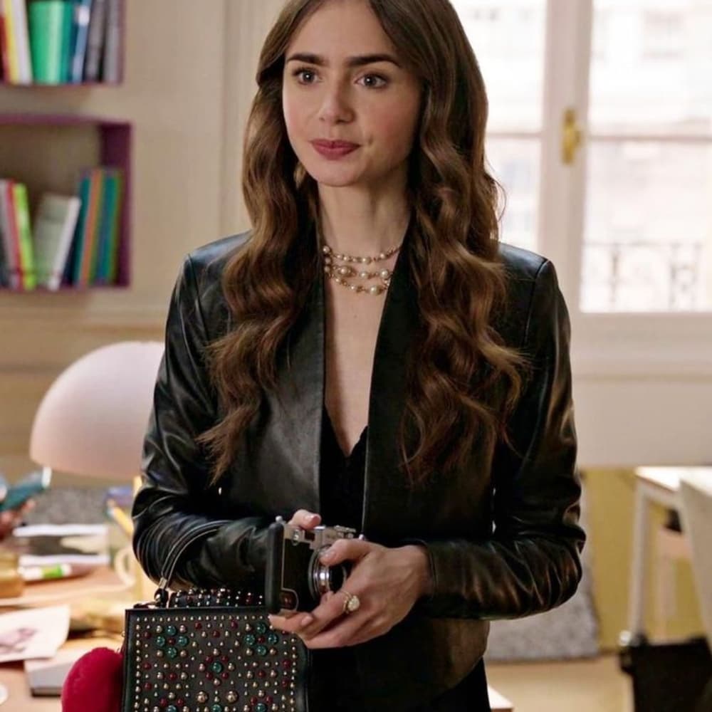 Emily in Paris Lily Collins (Emily Cooper) Black Leather Jacket