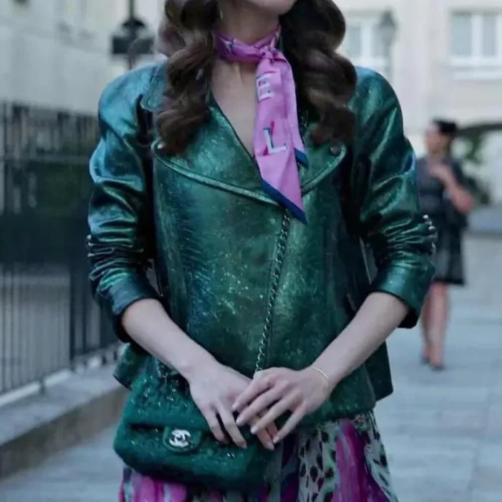 Emily In Paris Lily Collins (Emily Cooper) Green Metallic Moto Leather Jacket