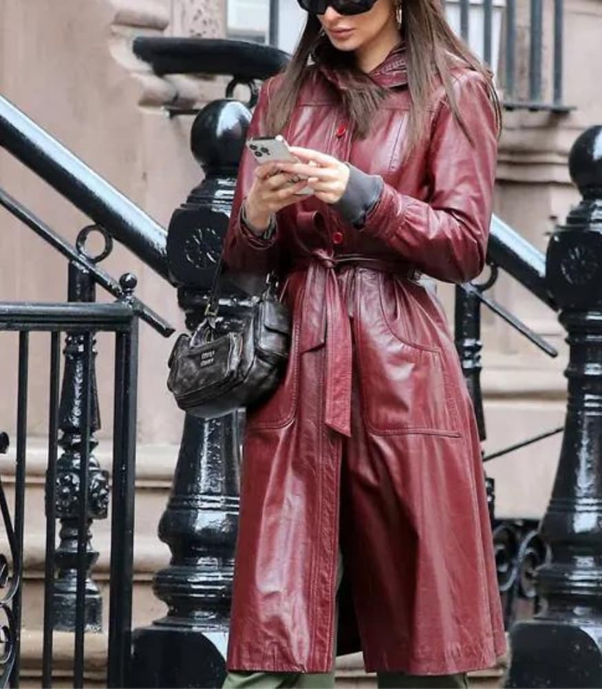 Emily Ratajkowski Burgundy Leather Trench Coat