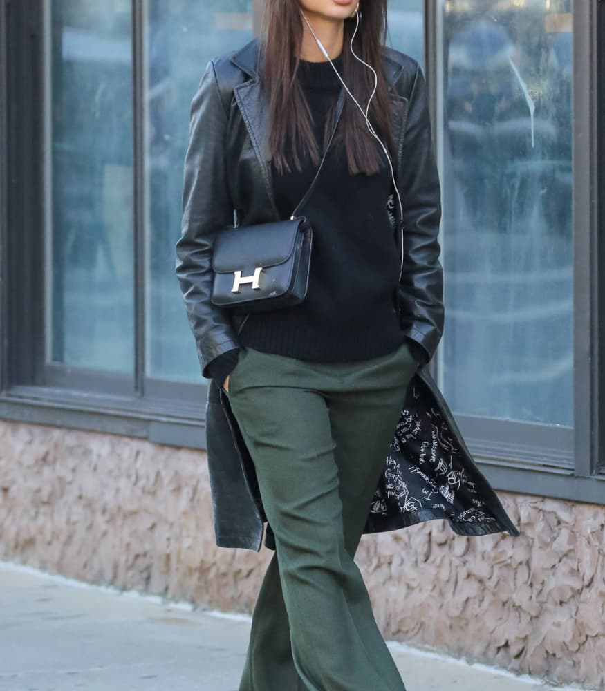 Emily Ratajkowski Black Leather Trench Coat