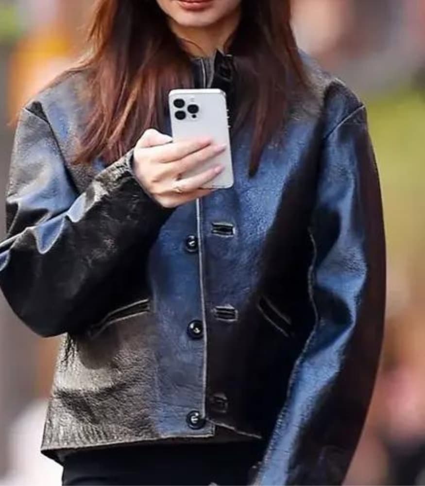 Emily Ratajkowski New York City Black Leather Jacket