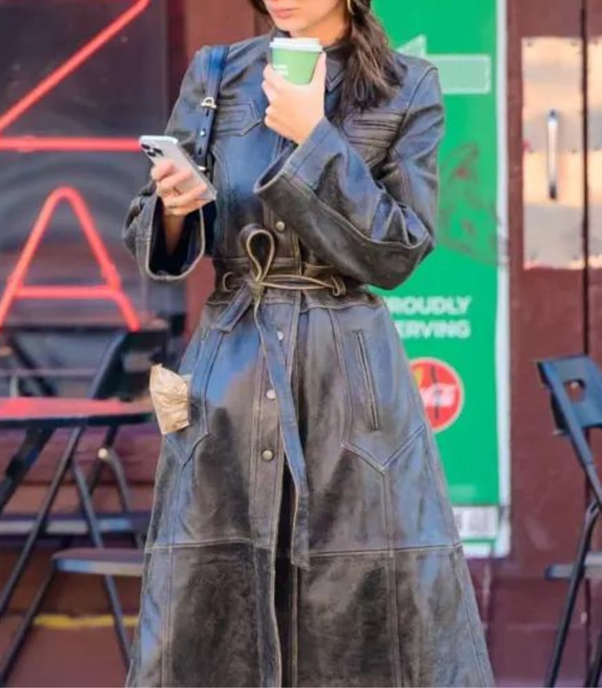 Emily Ratajkowski NYC Street 2023 Brown Leather Coat