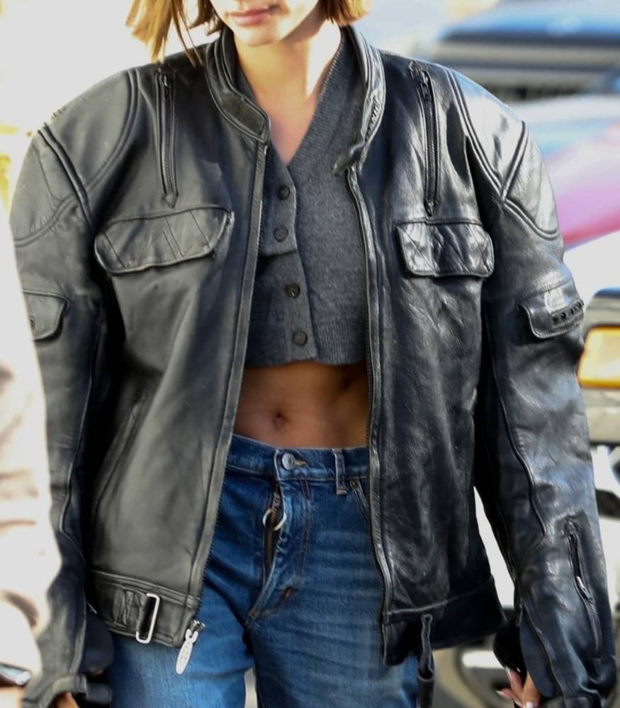 Hailey Bieber Oversized Black Leather Jacket