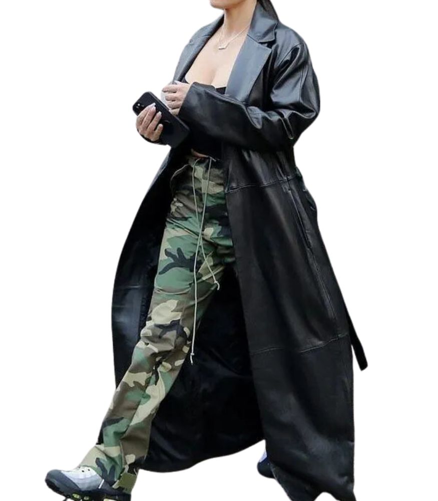 Kim Kardashian Black Leather Long Coat