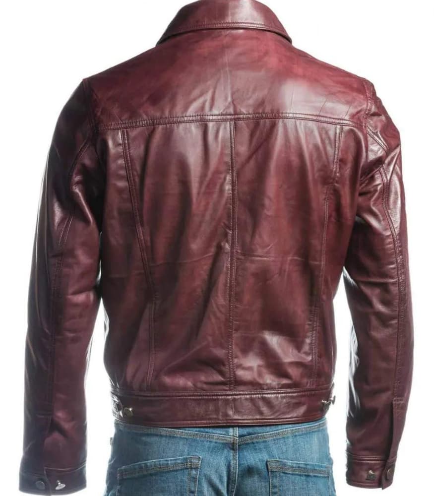 Men's Burgundy Trucker Leather Jacket