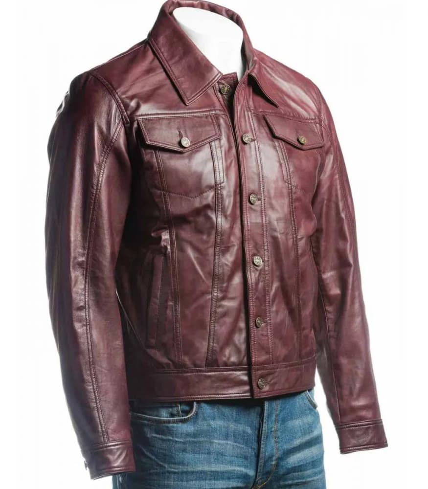 Men's Burgundy Trucker Leather Jacket