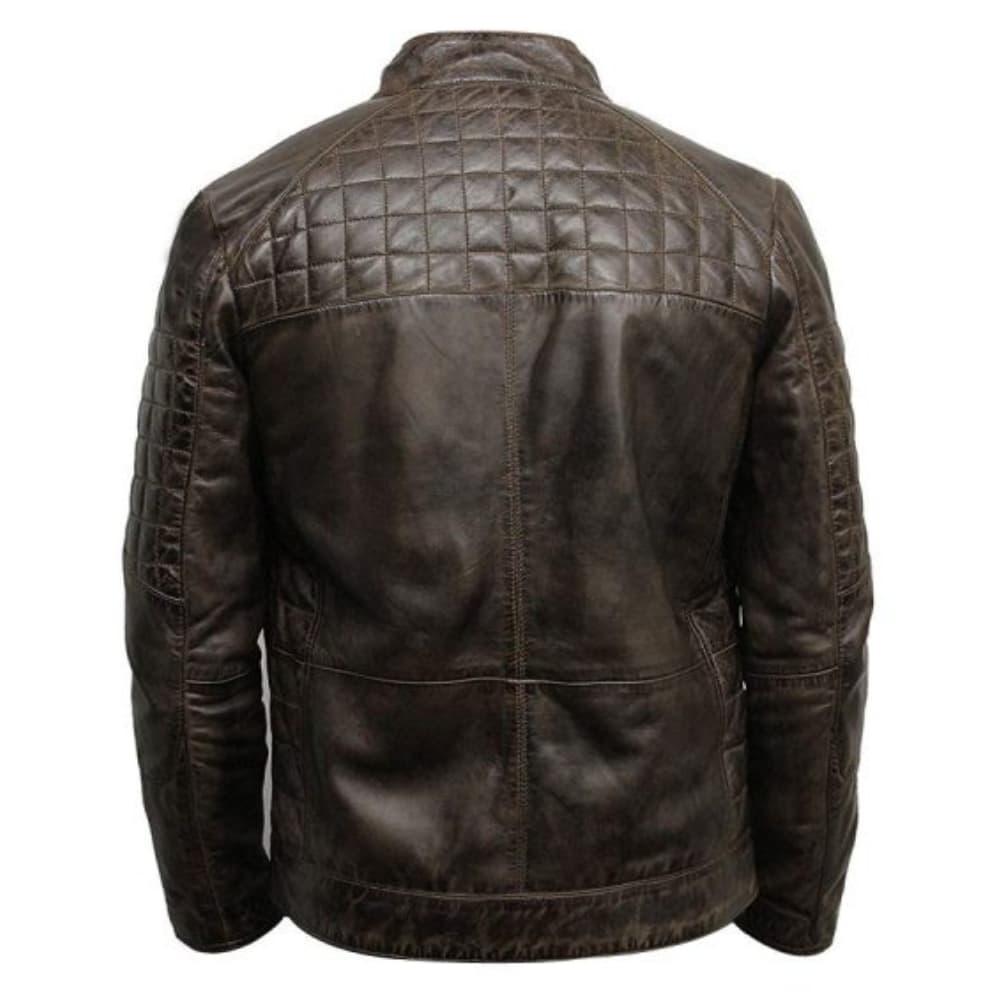 Mens Cafe Racer Quilted Brown Leather Jacket