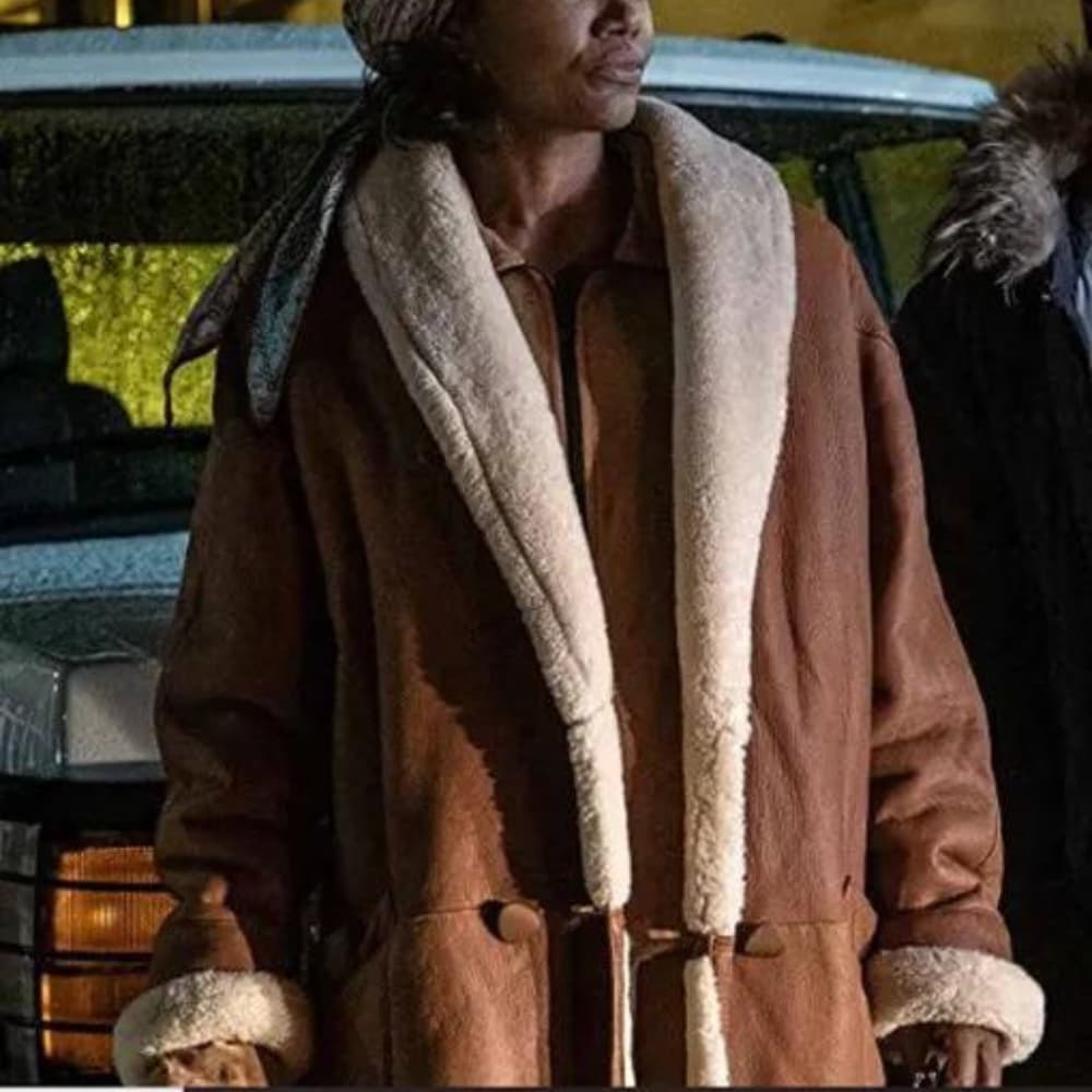 Patina Miller Power Book III Raquel Thomas Brown Shearling Leather Coat