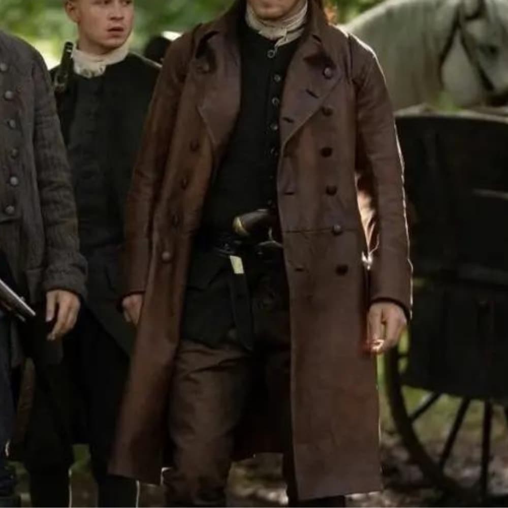 Sam Heughan Outlander S07 Jamie Fraser Brown Leather Trench Coat